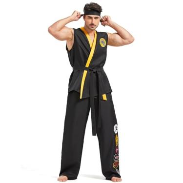Imagem de Fantasia de karatê masculina para adultos, fantasias de Halloween, artes marciais, esportes, conjunto de uniforme soldado com cinto preto, faixa de cabeça plus size