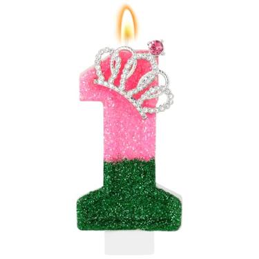 Imagem de IDIJOLI Wicked Vela de aniversário rosa e verde número 1, topo de bolo de 1º aniversário, decoração de cupcake, decorações de festa com tema de bruxa, comemorações de aniversário, suprimentos