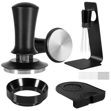 Imagem de Kit de acessórios de café expresso de 58 mm, calcadeira de café com calibração acionada por mola, ferramenta WDT inoxidável 316 com suporte magnético e conjunto de funil de dosagem para máquina de