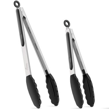 Imagem de HOTEC Pinça de cozinha premium de 17 e 23 cm, pinças de aço inoxidável com pontas de silicone, resistente a arranhões e ao calor, pinças de servir para salada, churrasco, preto, conjunto de 2