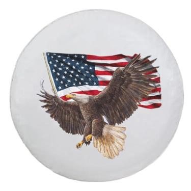Imagem de Jayke Joy Capa de pneu sobressalente, capa de roda branca com bandeira americana de águia americana de couro PVC impermeável à prova de poeira, ajuste universal para Jeep Trailer RV SUV Camper veículo (43 cm)