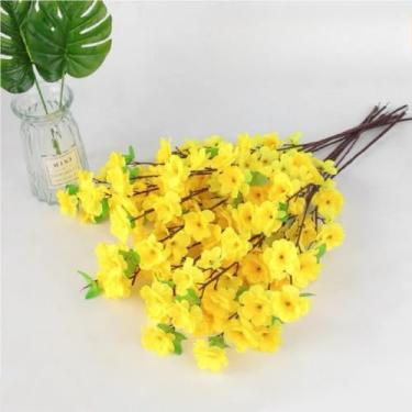 Imagem de 10 Buquê De Flores De Cerejeira Artificial, Flor De Pêssego, Estilo oriental Para Decoração De Casamento 65CM(Amarelo)