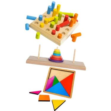 Imagem de Kit 3 Brinquedos TORRE DE HANÓI + TANGRAM + PINOS DE ENCAIXE - Brinquedos Educativos