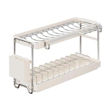 Imagem de Fenteer Escorredor de pratos de de 2 níveis, organizador de escorredor de pratos de cozinha com bandeja coletora, de que economiza espaço para e copos, 43x16.5x31cm