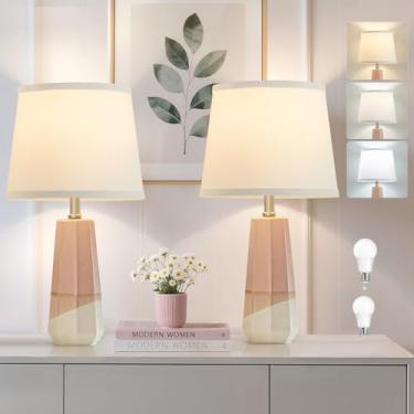 Imagem de GyroVu Candeeiro de mesa ajustável com 3 cores de temperatura, conjunto de 2 lâmpadas de cerâmica, lâmpadas de cabeceira com giratório giratório, luminária de mesa de cabeceira para sala de estar