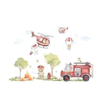 Imagem de WALLMEII Decalques de parede de caminhão de bombeiros transporte carros veículos adesivos de parede helicóptero animal bombeiro decoração de parede para quarto de meninos crianças sala de jogos sala
