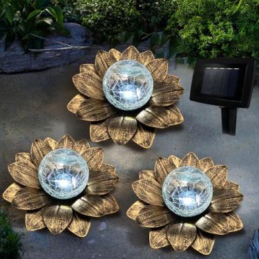 Imagem de LEWIS&WAYNE Luzes solares de jardim ao ar livre, 3 peças de lâmpadas de caminho de flor de lótus cobre com globo de vidro rachado branco frio luzes LED para pátio caminho quintal varanda decorações de