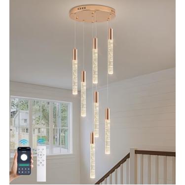 Imagem de Upfelw Lustre de cristal moderno de teto alto 7 luzes, espiral LED Raindrop Foyer iluminação pendente, escadaria bolha sala de estar luminária suspensa montagem embutida ouro