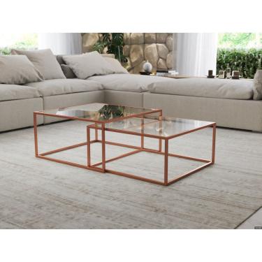 Imagem de Mesa de Centro Industrial Moderna Atemporal Duo Catarina Cobre e Tampo de Vidro