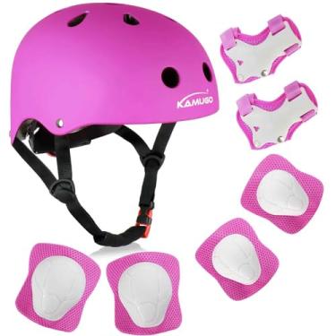 Imagem de Capacete infantil de bicicleta Kamugo, capacete infantil para meninos de 3 a 8 anos e meninas com equipamento de proteção esportivo, joelheira, cotovelo, joelheiras, para skate, ciclismo, scooter, patins de patinação, certificado CPSC, Roxa