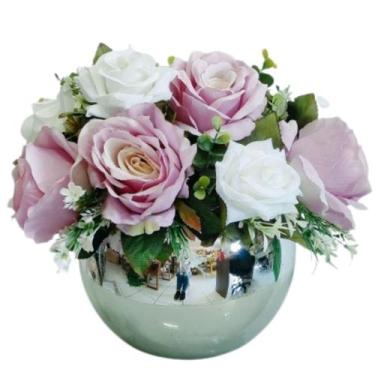 Imagem de Arranjo Decorativo Flores Rosas  Artificiais Vaso Prata - La Caza Stor