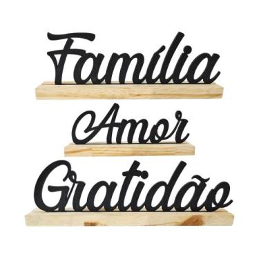 Imagem de Trio Enfeite Decorativo - Amor Gratidão Família Mdf Preto - Base Pinus