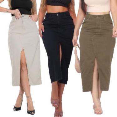 Imagem de Saia midi jeans preta cintura alta com fenda na frente com Bolso Premi