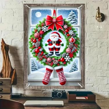 Imagem de BlissYard Capa de janela de Natal, 78 x 128 cm, meia tradicional de Papai Noel, janela fosca, floresta, bagas, decoração de Natal, decoração de Natal, floco de neve, painel de fita