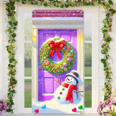 Imagem de BlissYard Capa para porta de Feliz Natal, 89 x 188 cm, banners para porta de varanda, decoração de inverno, guirlanda de doces de inverno, boneco de neve, lenço vermelho, roxo para sinalização de