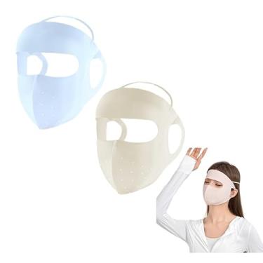 Imagem de WaJuemy 2 máscaras faciais respiráveis reutilizáveis para mulheres, proteção solar, seda gelada, FPS 50+, UV, caminhadas, pesca, corrida, golfe, máscaras (06 bege/azul)