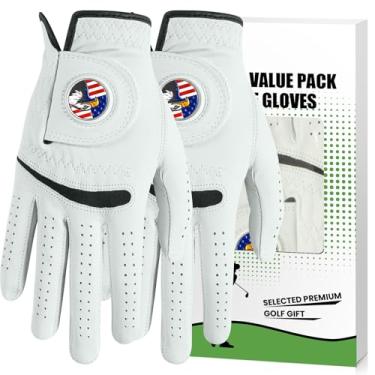 Imagem de Luvas de golfe masculinas Cabretta de couro com marcador de bola, pacote com 2, aderência antiderrapante para todos os climas para golfista canhoto destro, luva de golfe masculina premium respirável