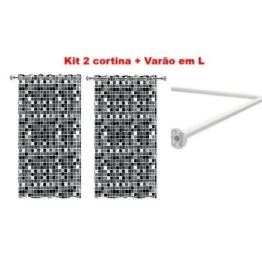 Imagem de Kit Varao em L Suporte haste Banheiro Box BRANCO 100X100cm + 2 Cortina Pastilha Preta