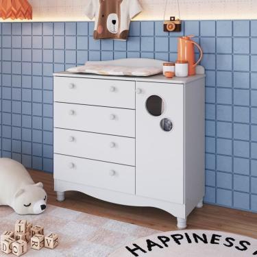 Imagem de Cômoda Infantil Organizadora 4 Gavetas Grande E 1 Porta Com Prateleira E Trocador Para Quarto De Bebê Branco