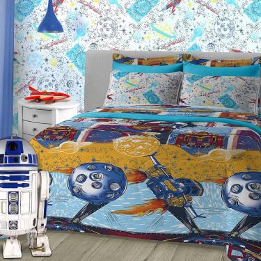 Imagem de Kit Cobre Leito SulBrasil Casal Malha 100% Algodão Estampado Kids em Matelasse Space 2,00mx2,20m Azul