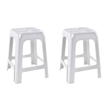 Imagem de 2 Banquetas Banco Plástico Resistente Branco Empilhável 46Cm