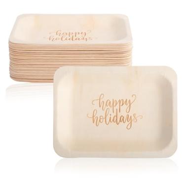 Imagem de Wood & Wonder Pratos descartáveis Happy Holidays – alternativa rústica e compostável aos pratos de plástico para o Natal e chanucá (salada/sobremesa, pacote com 50)