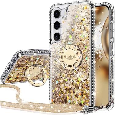Imagem de Silverback Capa para Samsung Galaxy S23 Plus, capa protetora com glitter holográfico líquido brilhante com suporte, capa protetora de anel de diamante brilhante para meninas e mulheres para Galaxy S23 Plus 5G - ouro transparente
