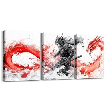 Imagem de Conjunto de 3 arte de parede em tela Samurai legal para quarto, sala de estar, pinturas de dragão estilo chinês, decoração de parede para banheiro, decoração de casa, impressão de pôster de tinta e