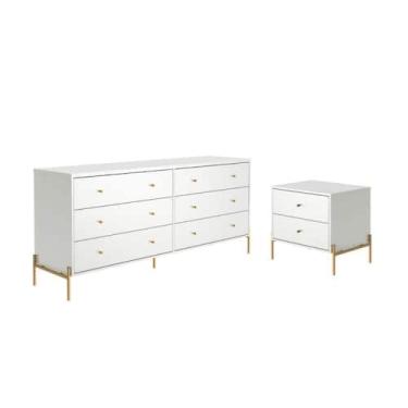 Imagem de Cômoda 6 Gavetas e Mesa de Cabeceira Jasper Branco Dourado - Província