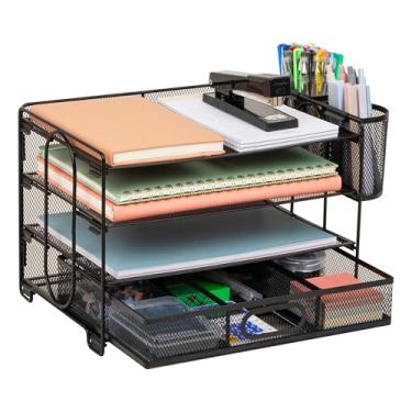 Imagem de Mind Reader Organizador de mesa de malha, 3 bandejas, 1 gaveta, 2 porta-canetas, organizador de mesa de escritório, malha de metal, preto