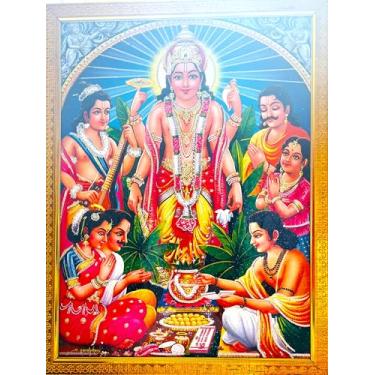 Imagem de Satyanarayana Swamy Vishnu Avatar Satyanarayana Swamy Porta-retrato Pooja tamanho da foto 45,7 x 30,5 cm multicolorida, moldura dourada Satyanarayana com fundo azul