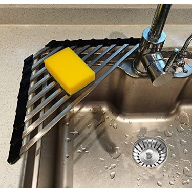 Imagem de Ahyuan Escorredor de pratos de canto sobre a pia escorredor de canto SUS304 suporte de esponja de cozinha de aço inoxidável cúbico suporte de esponja para pia de canto (preto)