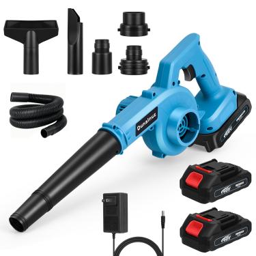 Imagem de Dunalnuz Soprador de folhas sem fio com 2 baterias e carregador de 24 V 2,0 Ah, 150 CFM 130 MPH elétrico 2 em 1 com alça alimentada por bateria para cuidados com o gramado, pátio, poeira, azul