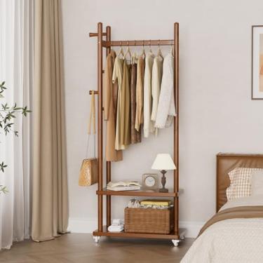 Imagem de Taitiy Cabideiro independente com rodas, árvore de casaco independente resistente com 2 prateleiras de armazenamento e 4 ganchos, suporte de madeira para roupas de canto quarto, corredor, entrada