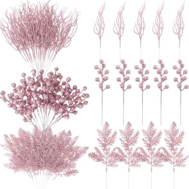 Imagem de Craftsatin 75 ramos de glitter de Natal, 3 estilos, palhetas artificiais de Natal, bagas, caules, agulhas de pinheiro, spray floral para enfeites de árvore de Natal, guirlanda DIY (Macaron Pink)