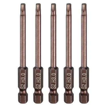 Imagem de HARFINGTON 5 peças de broca de cabeça sextavada plana H3.0 (3 mm) ponta magnética 1/10.2 cm haste sextavada 75 mm (3") de comprimento S2 aço métrico hexagonal, chave de fenda soquete, tom de cobre