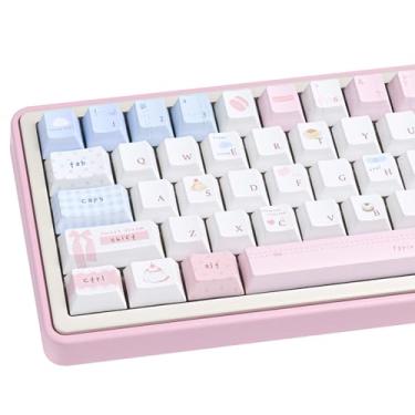 Imagem de COOMICKEY 145 teclas creme perfil cereja, conjunto de teclas personalizadas PBT por sublimação de tinta, teclado fofo para teclado mecânico para jogos MX Switches (rosa)
