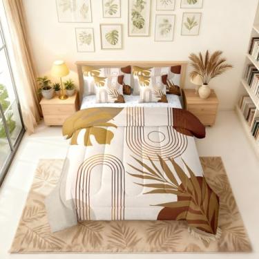 Imagem de Erosebridal Conjunto de cama King Size Boho Meados do Século 7 peças, conjunto de edredom com folhas de palmeira abstratas, amarelo e marrom, com lençóis, moderno, minimalista, geométrico, arco