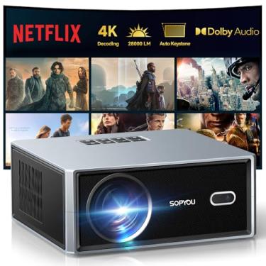Imagem de Projetor inteligente Netflix com WiFi e Bluetooth, projetor de filmes SOPYOU Outdoor 4K com aplicativos no máximo 1,143 cm, foco elétrico e pedra fundamental automática, Netflix/YouTube/Prime Video