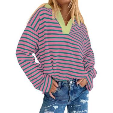 Imagem de Camisa AKEWEI com decote em V, gola folgada, feminina, rosa, verde, li