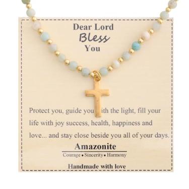 Imagem de UEUC Colar de cruz para mulheres, banhado a ouro real 14K, delicado, pingente de cruz pequena, corrente de contas de pedra natural curativa, joia religiosa, fé cristã, colar de cruz, presentes (#5