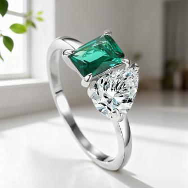 Imagem de 1 anel quadrado banhado a prata branca multicolorida para mulheres uso diário namoro melhor presente de aniversário joias finas presentes, Green-8, Prata, Zircônia cúbica