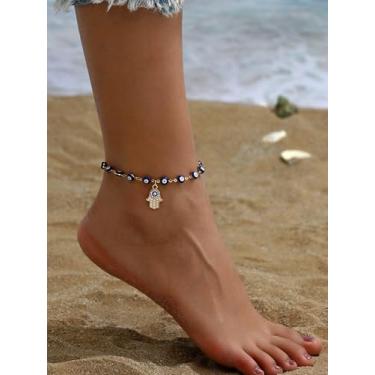 Imagem de Tornozeleira feminina olho do diabo azul dourado com pingente de mão Hamsa, acessório de proteção Boho