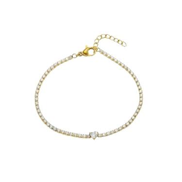 Imagem de Pulseira de tênis de coração banhada a ouro 18 K - pulseira delicada de diamante CZ - joia minimalista ajustável à prova d'água para uso diário - antimanchas, 7", Aço inoxidável, Zircônia cúbica