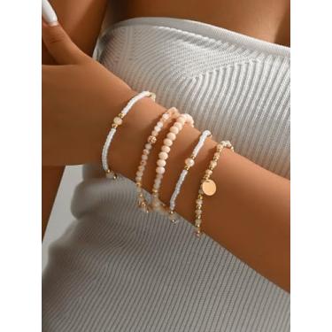 Imagem de Conjunto de 5 pulseiras femininas com contas — Pulseira elástica em camadas Boho com detalhes dourados, contas brancas e bege, presente empilhável de joias de verão