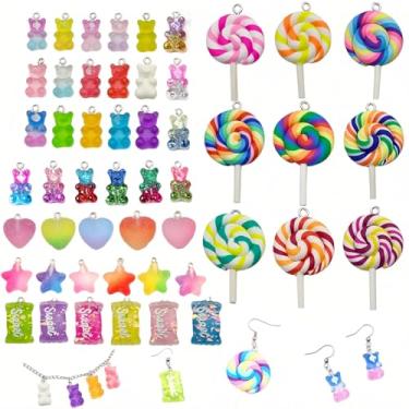 Imagem de 50 peças de pingentes de doces de cores sortidas, pingentes de resina de urso de pirulito fofo para joias, chaveiro, colar, pulseira, brincos, suprimentos para artesanato, One Size, Resina, Sem Pedra