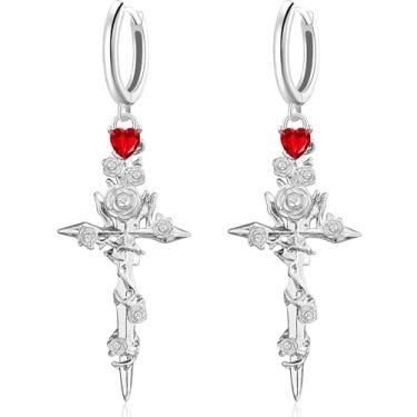 Imagem de unixmoment Brincos de argola feitos à mão com cruz de prata gótica e flor de rosa, pingente de espada de coração de cristal brilhante para mulheres, Large, Metal, Sem pedra preciosa