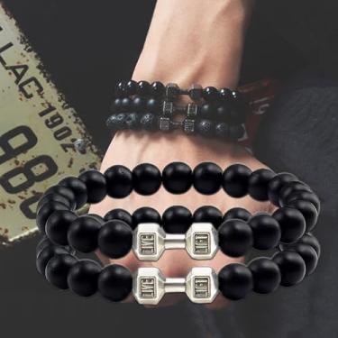 Imagem de 2 pulseiras elegantes combinando com contas para homens e mulheres com halteres modernos, corda elástica - pulseira de contas pesadas para academia, 19cm, Pedra, Sem Pedra Preciosa