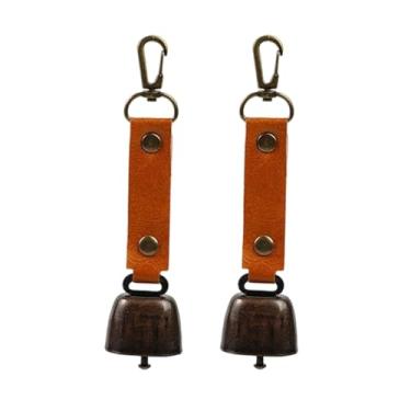 Imagem de kowaku Chaveiro com 2 sinos de urso, portátil, com alça de couro PU, para alerta de animais selvagens, ideal para trilhas, montanhismo, sobrevivência e, Marrom