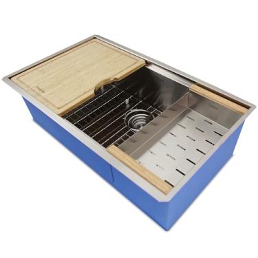 Imagem de Dakota Pia de cozinha com bordas acessórias, 83 x 50 cm, aço inoxidável calibre 16 – tigela única embutida na pia com escorredor, tábua de corte de bambu, grade inferior – pias de cozinha premium